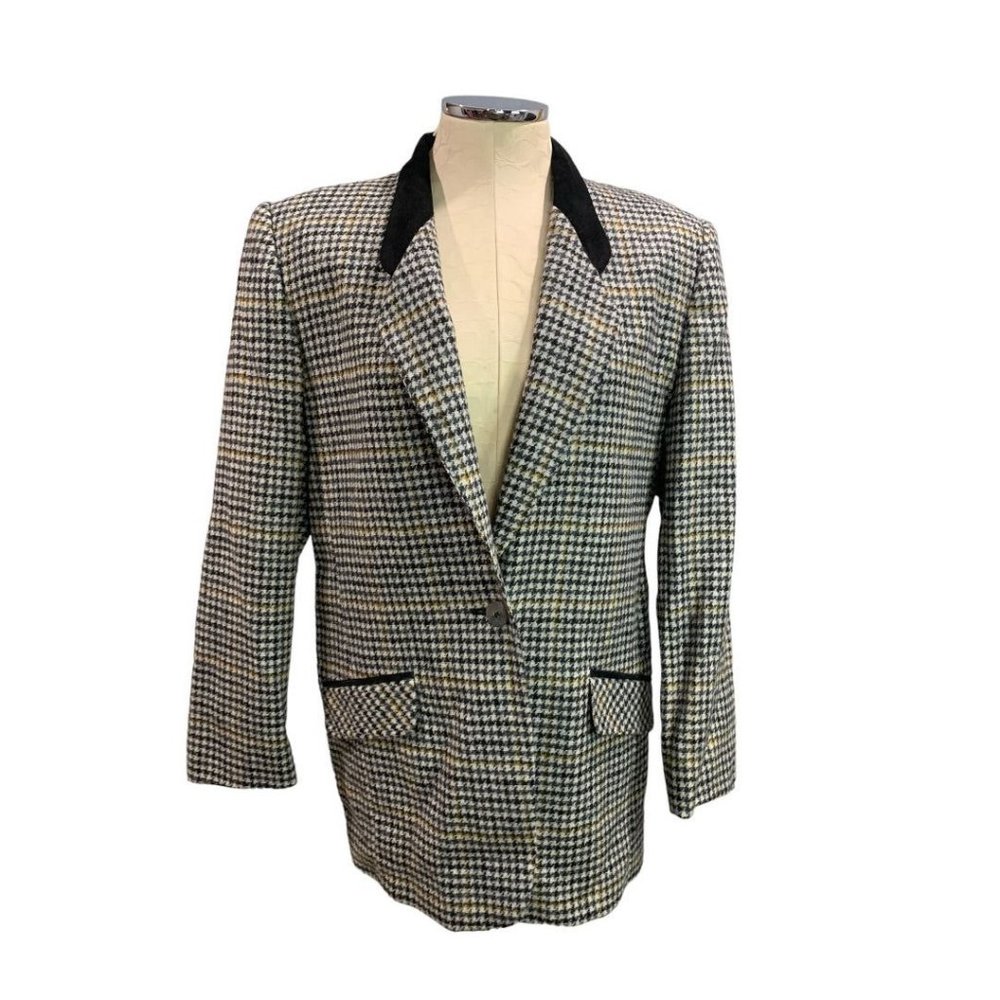 Size 8 Chemistry Brand Women's 1990s Vintage Houndstooth Blazer Suede Collar